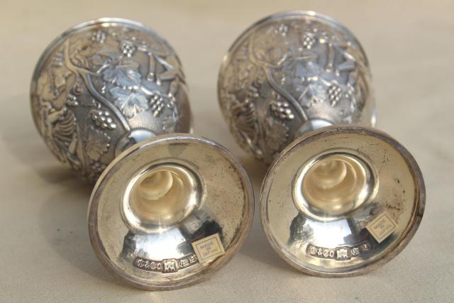 pair ornate wedding cup goblets w/ cherub angels, vintage silver plate wine glasses
