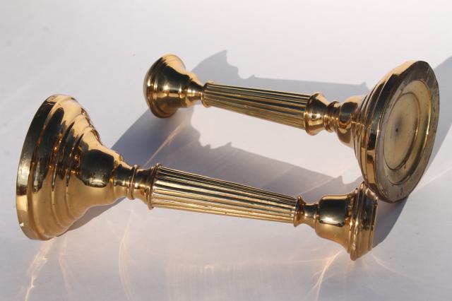 pair polished brass candlesticks, vintage candle holders, English brass hollowware