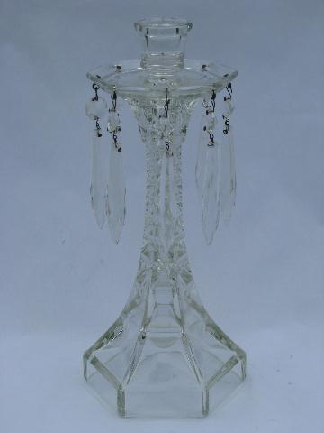 pair pressed glass mantle lusters candlesticks w/ prisms, vintage candleholders