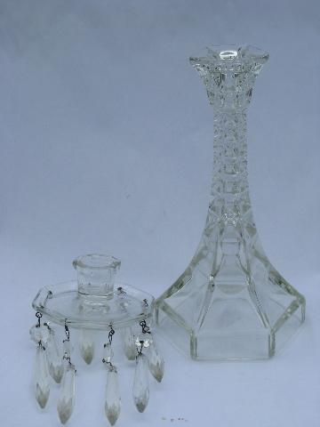 pair pressed glass mantle lusters candlesticks w/ prisms, vintage candleholders