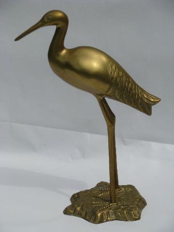 pair solid brass birds, tall herons or egrets, 70s vintage sculptures