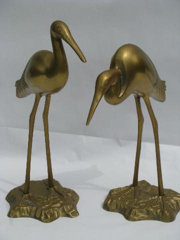 pair solid brass birds, tall herons or egrets, 70s vintage sculptures