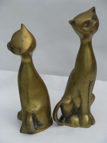 pair solid brass cat figures, 70s vintage brassware sculptures, cats