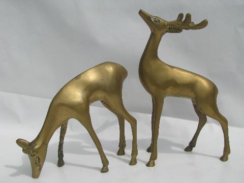 pair solid brass deer figures, 70s vintage brassware sculptures