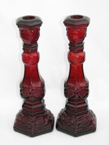 pair tall candlesticks, vintage Avon Cape Cod ruby red glass