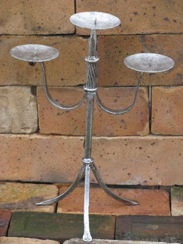 pair tall wrought iron candelabra candlesticks, antique silver finish