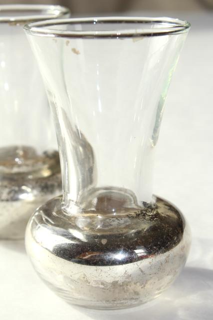 pair tiny old glass violet vases w/ shabby silvered finish, vintage vase set