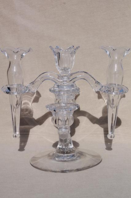 pair vintage Cambridge arms crystal clear elegant glass candelabras w/ flower vase epergnes