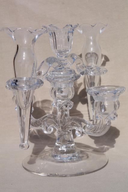 pair vintage Cambridge arms crystal clear elegant glass candelabras w/ flower vase epergnes