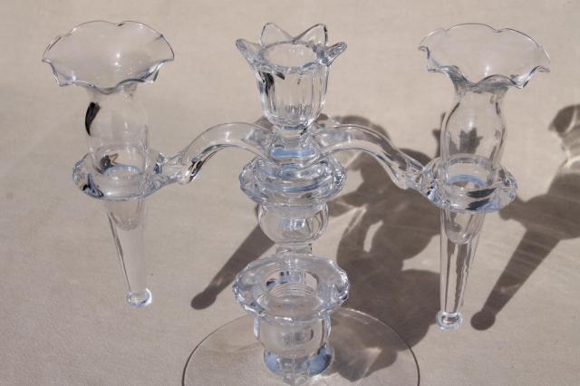 pair vintage Cambridge arms crystal clear elegant glass candelabras w/ flower vase epergnes
