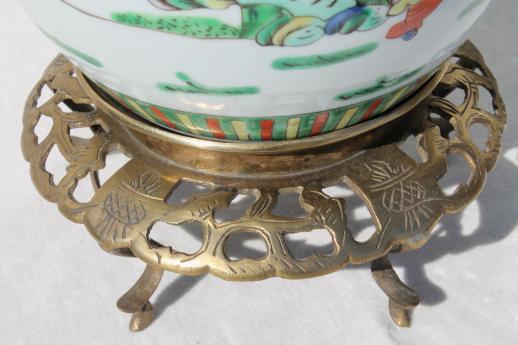 pair vintage Chinese ginger jar lamps, painted china urns w/ ornate brass pot stands