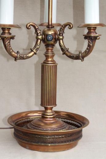 pair vintage brass bouillotte lamps, ornate candelabras w/ tole shades