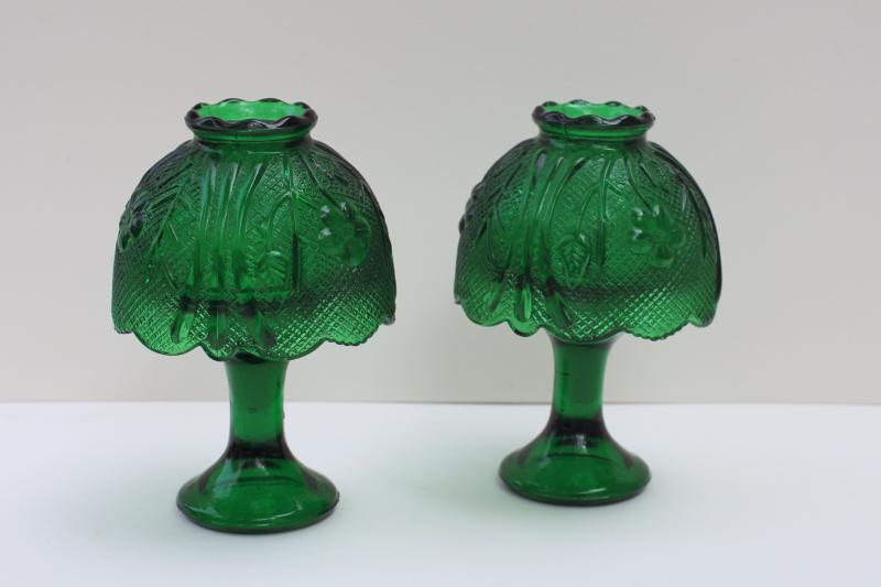 pair vintage emerald green glass candle lamps, pressed glass shade candlesticks