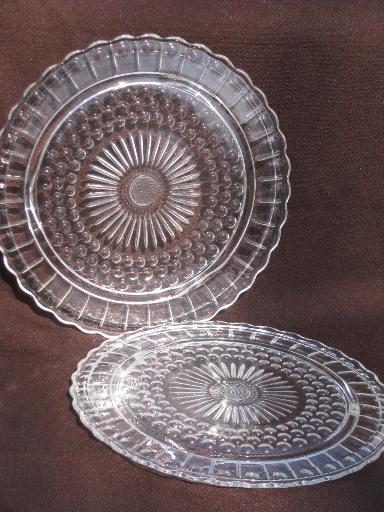pair vintage flat plateau cake plates, tiny bubble hobnail pattern glass