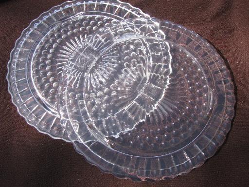pair vintage flat plateau cake plates, tiny bubble hobnail pattern glass