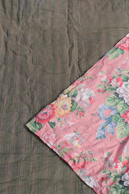 pair vintage floral print whole cloth quilts, soft puffy wool filled cotton comforters