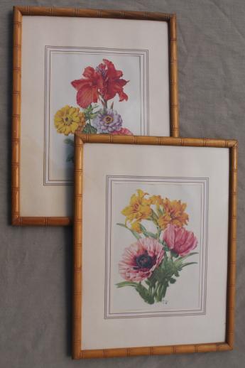 pair vintage floral prints in faux bois bamboo carved wood picture frames