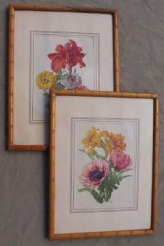 pair vintage floral prints in faux bois bamboo carved wood picture frames