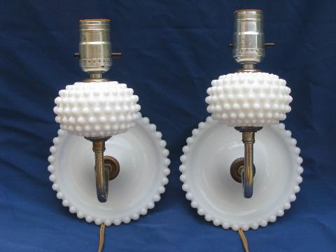 pair vintage hobnail milk glass sconces, wall mount reading lamps