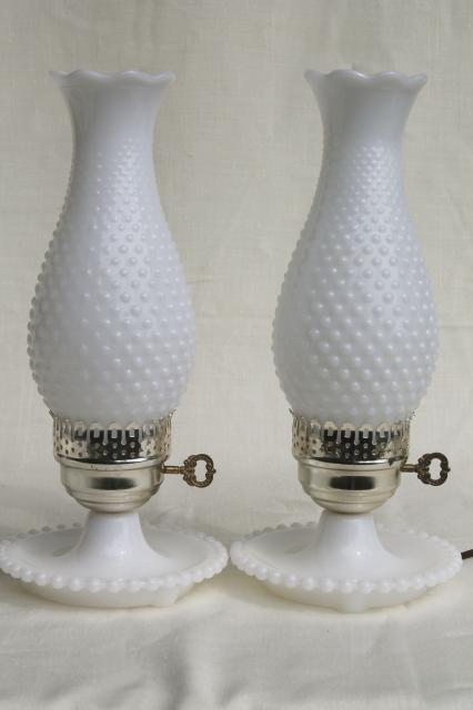 pair vintage milk glass lamps w/ beaded edge lamp bases, hobnail glass chimney shades