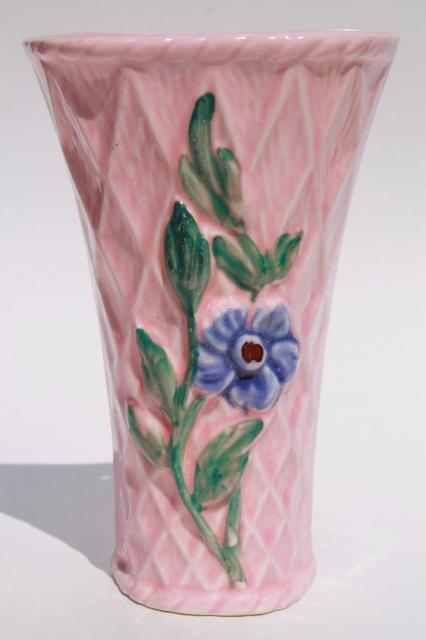 pair vintage pottery wall pockets, pretty pink flower basket wall sconce vases