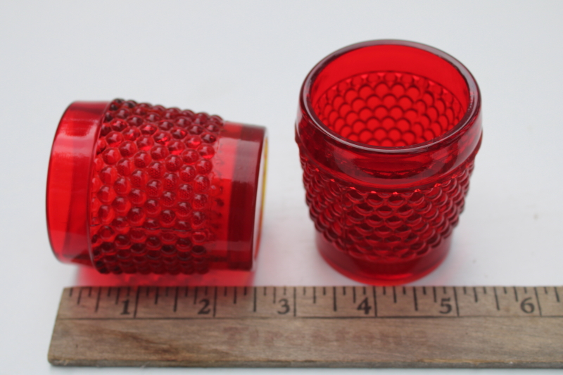 pair vintage red glass votive candle holders, hobnail pattern glass