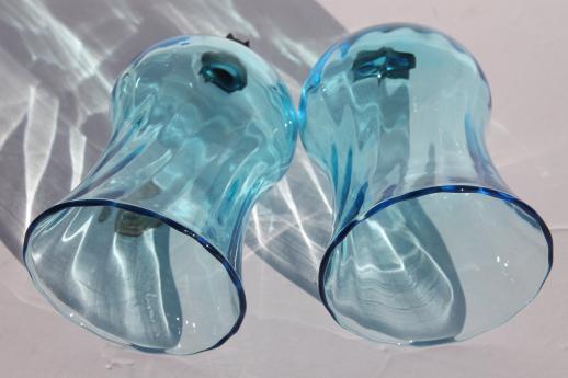 pale blue candle glasses, hand-blown glass hurricane shades for votive holders / sconces