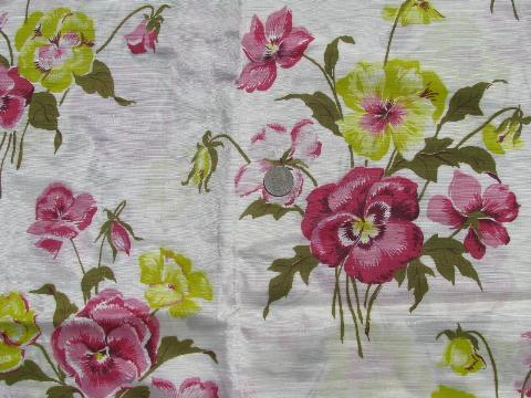 pansies floral print vintage taffeta fabric, 50s rayon or acetate?