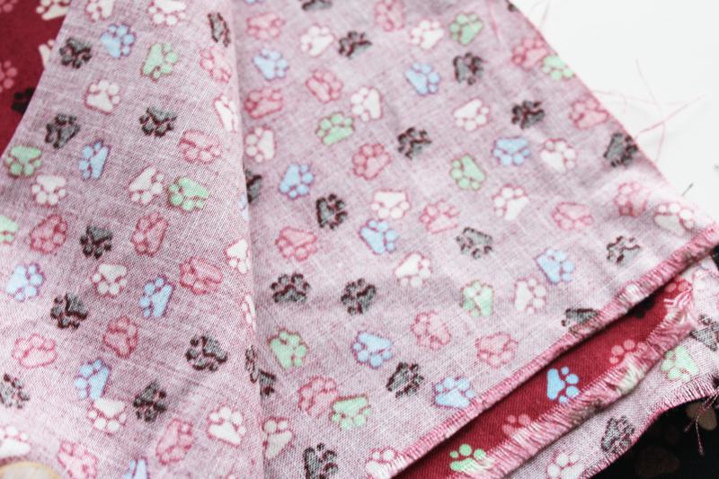 paw prints cotton print fabric lot, sewing material for pets projects dogs or cats