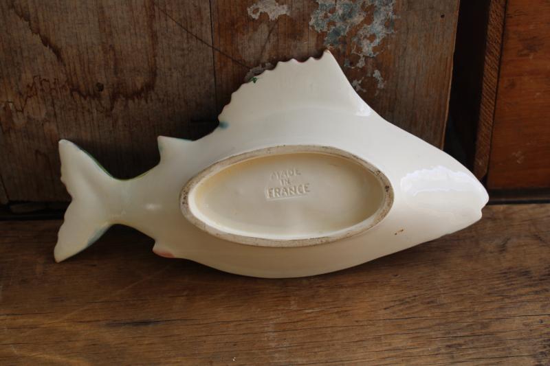 perch or walleye pike fish, vintage hand painted ceramic dish made in France 