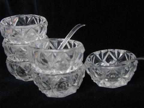 perfect set of 6 vintage glass salt dip dishes, individual open salts