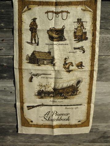 perfect vintage linen kitchen towel, signed Pioneer theme print