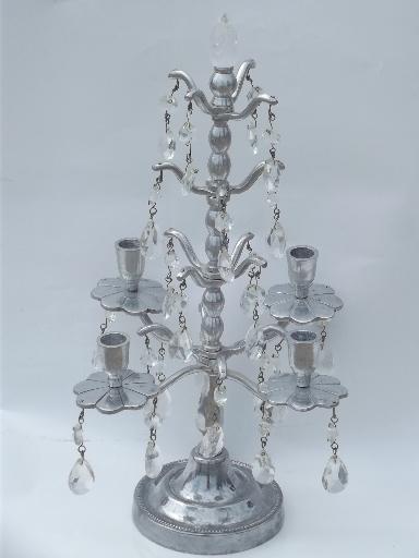 pewter silver metal candelabra, branched candle holder tree w/ prisms