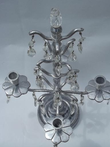 pewter silver metal candelabra, branched candle holder tree w/ prisms