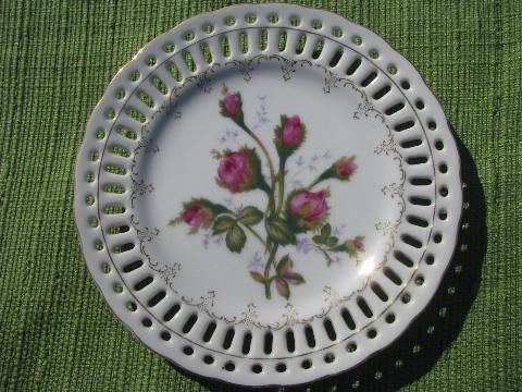 pierced lace edge border china plate w/moss rose floral, vintage Japan