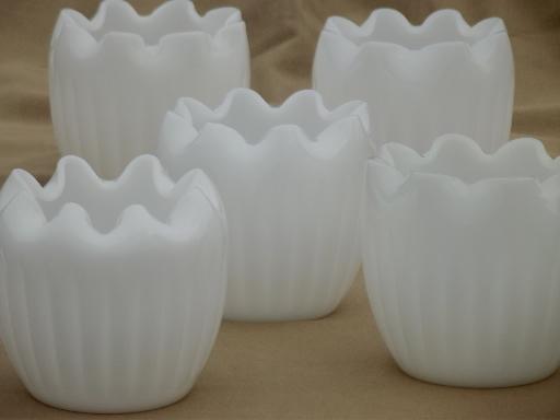 pinch shape blown glass bowls, vintage milk glass grouping for flowers