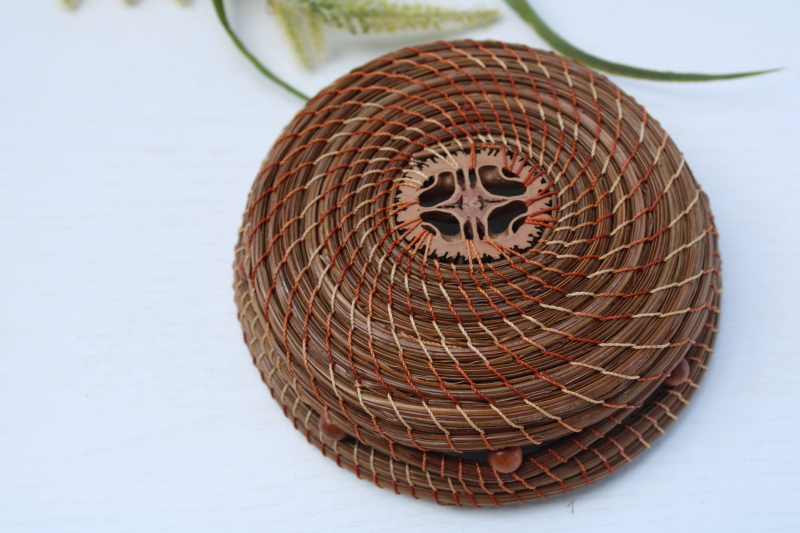 pine needle coiled basket w/ black walnut, handcrafted traditional basketry