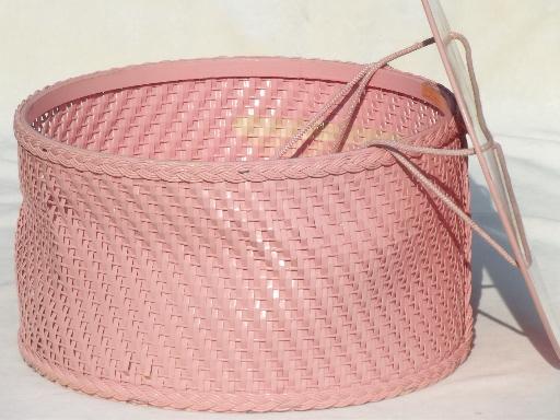 pink Princess sewing basket, vintage round wicker sewing box w/ decals 