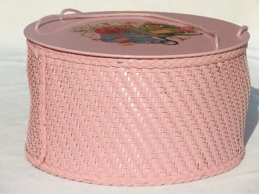 pink Princess sewing basket, vintage round wicker sewing box w/ decals 