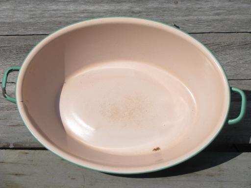 pink and green vintage enamelware, big old primitive wash tub, oval dish pan