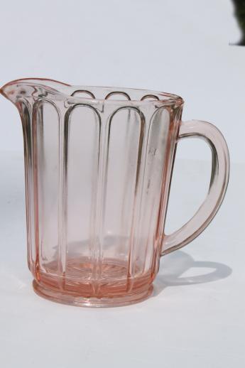 pink depression glass milk pitcher, 1930s vintage Hazel Atlas ribbon panel pattern