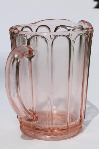 pink depression glass milk pitcher, 1930s vintage Hazel Atlas ribbon panel pattern