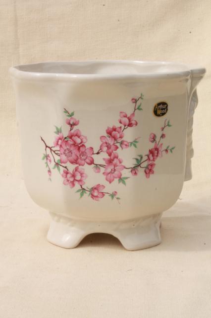 pink flowering cherry or plum blossom cachepot, Arthur Wood English ironstone china planter 