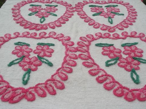pink hearts vintage cotton chenille bedspread, chocolate box pretty!