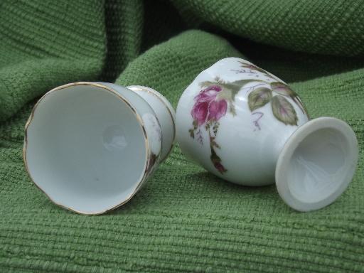 pink moss rose china egg cups, coddler stands for eggs, vintage Japan