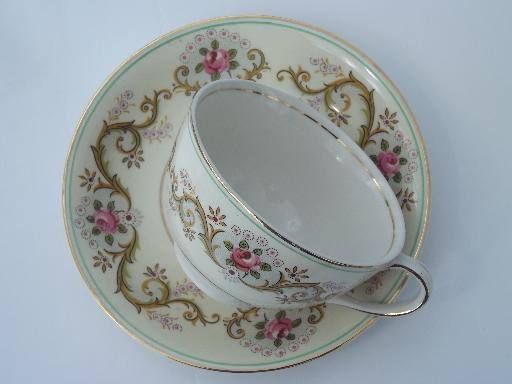 pink rose border Pareek cups and saucers, antique Johnson Bros. china