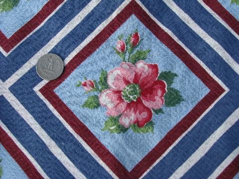 pink roses on blue print, vintage 1940s - 50s printed cotton barkcloth fabric, 11 yards