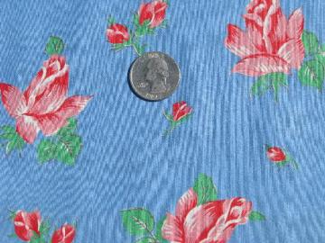 pink sweetheart roses floral on blue, vintage cotton print fabric