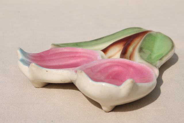 pink tulips vintage ceramic spoon rest, 1950s vintage kitchen ware, USA pottery