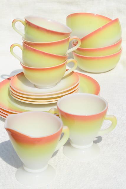 pink / yellow milk glass dishes, vintage Hazel Atlas Sunrise plates, bowls, cups & saucers